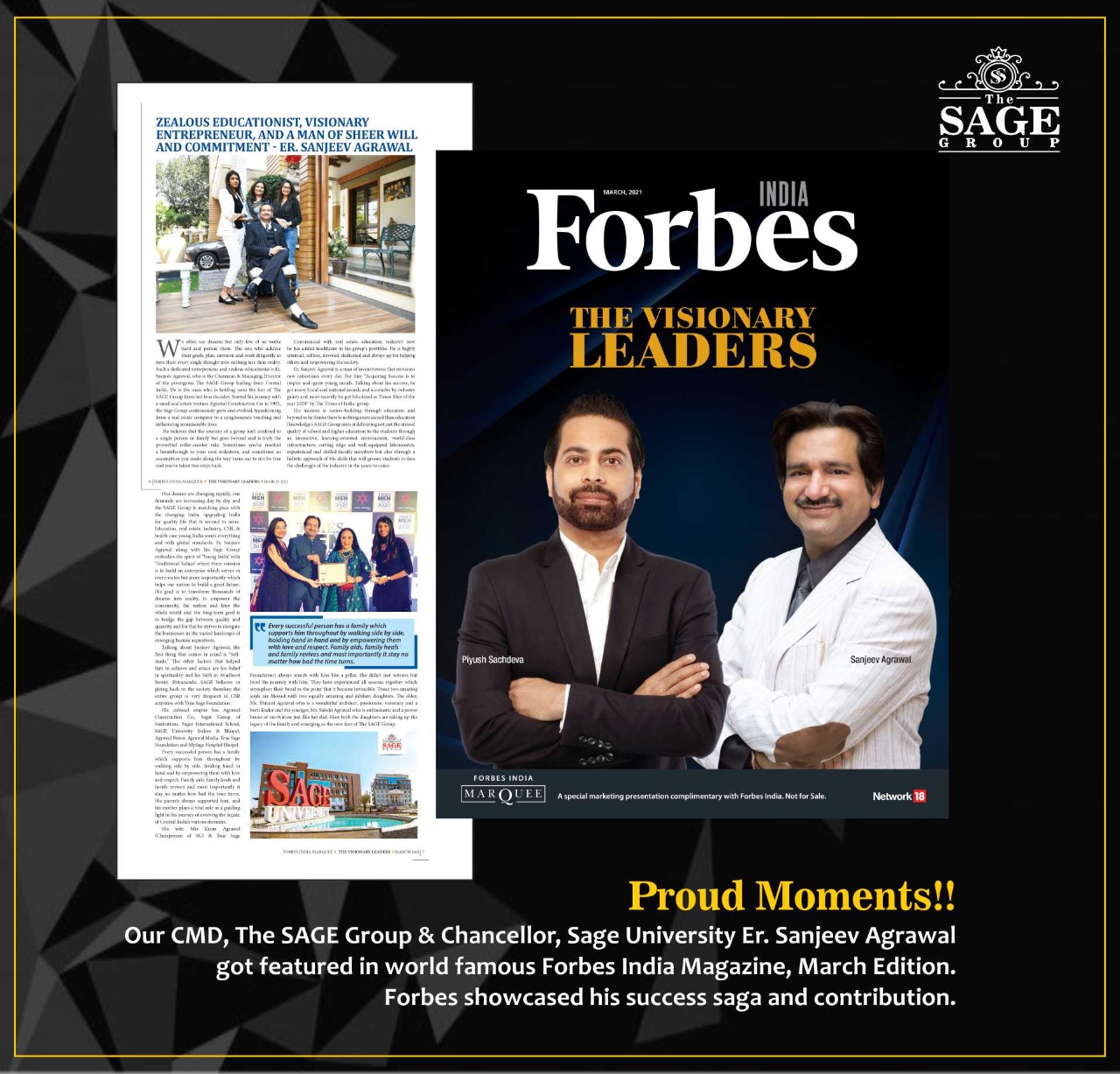 Er. Sanjeev Agrawal, Chancellor, SAGE University Indore,  featured in Forbes  magazine 